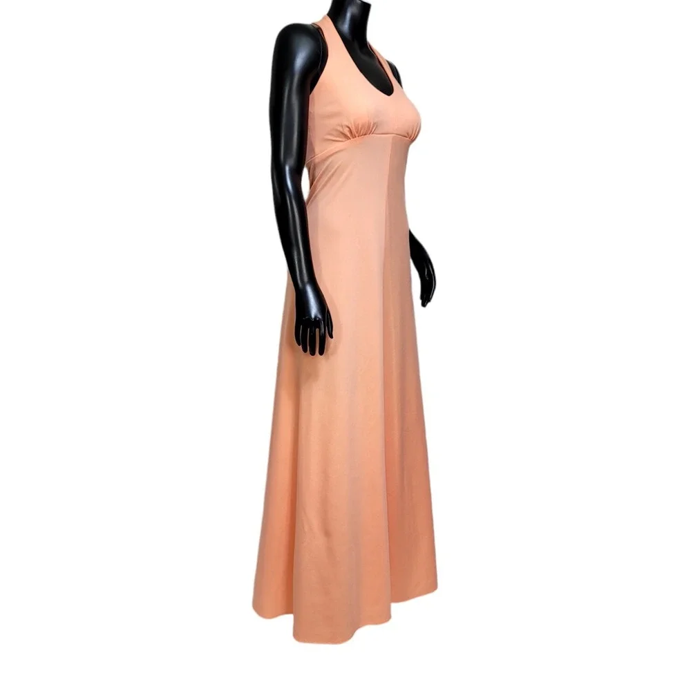 Vintage 70s Peach Maxi Halter Dress w/ Matching Ruffle Sleeve Crop Bolero Jacket